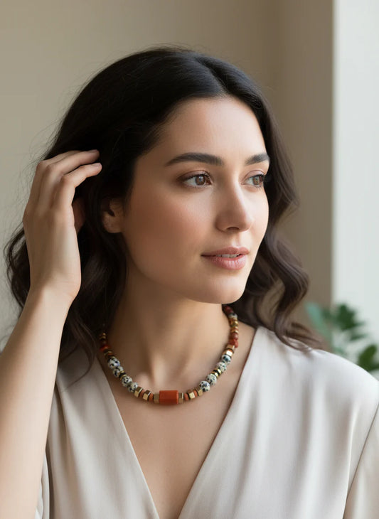 Dalmatian Jasper & Sandstone Barrel Necklace