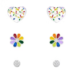 Rhodium Cry Stud  Flower Heart Trio Earrings