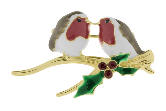 Two Robins on Holly Brooch