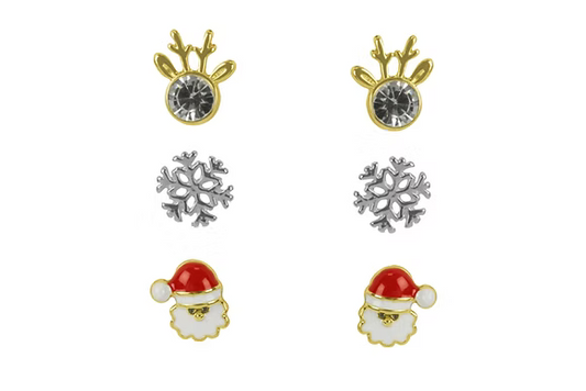 Gold Rudolf Santa Snowflake Trio Earrings