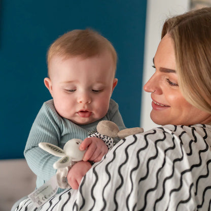Woman holding a baby with a toy