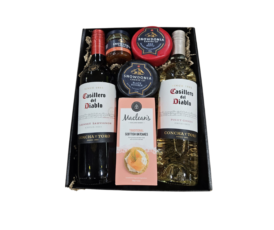 Gift set with wine bottles and snacks