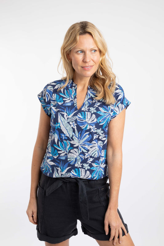 Alia Organic Cotton Printed Jersey Top - Blue Indigo