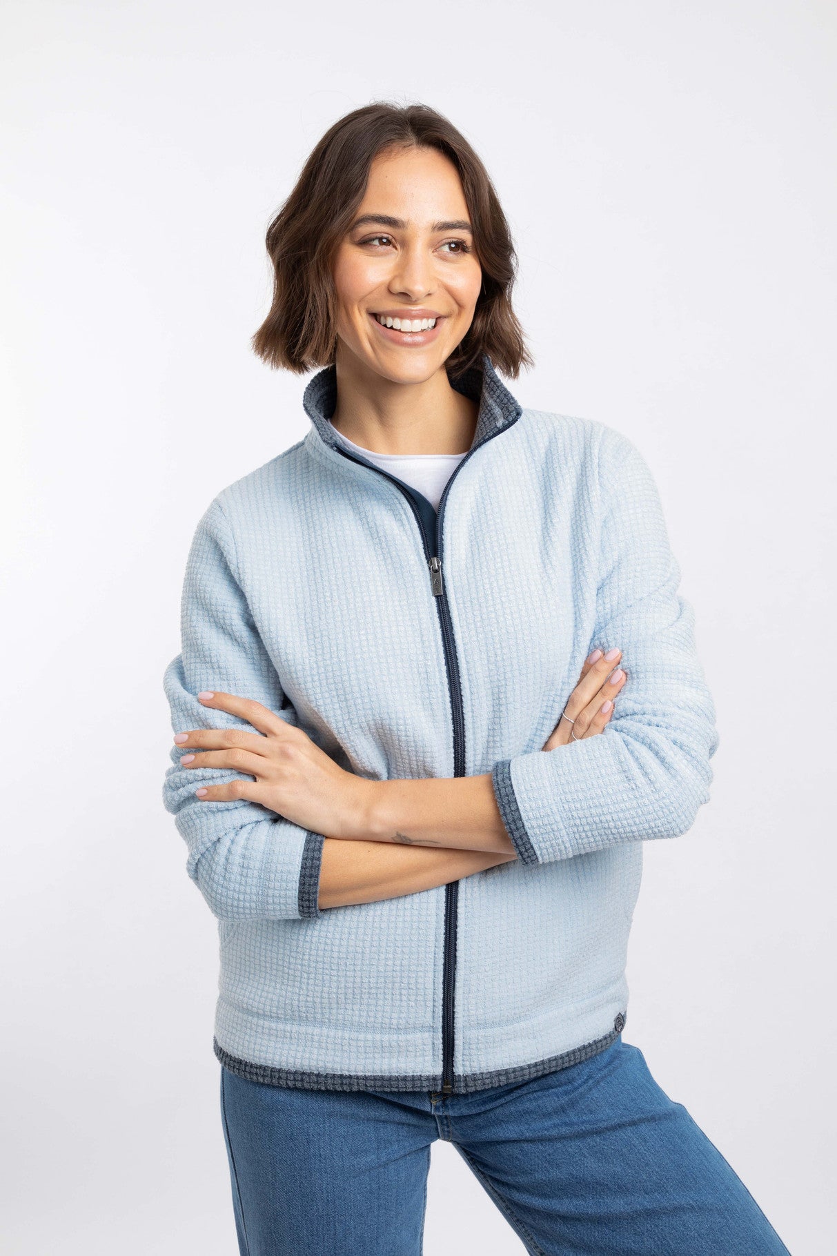 Ariana Full Zip Grid Fleece - Cool Blue