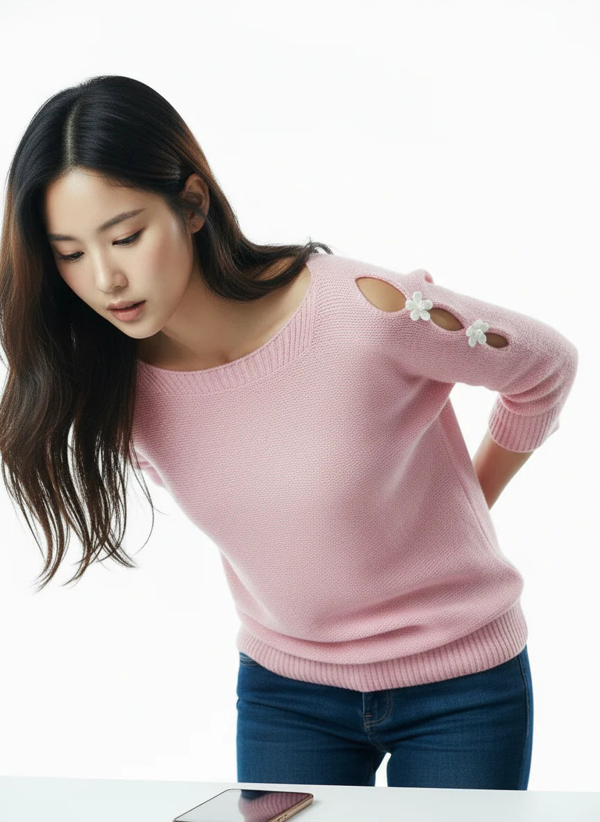 Elegant Cutout Shoulder Knit Sweater - Pink