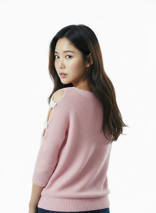 Elegant Cutout Shoulder Knit Sweater - Pink