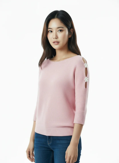 Elegant Cutout Shoulder Knit Sweater - Pink