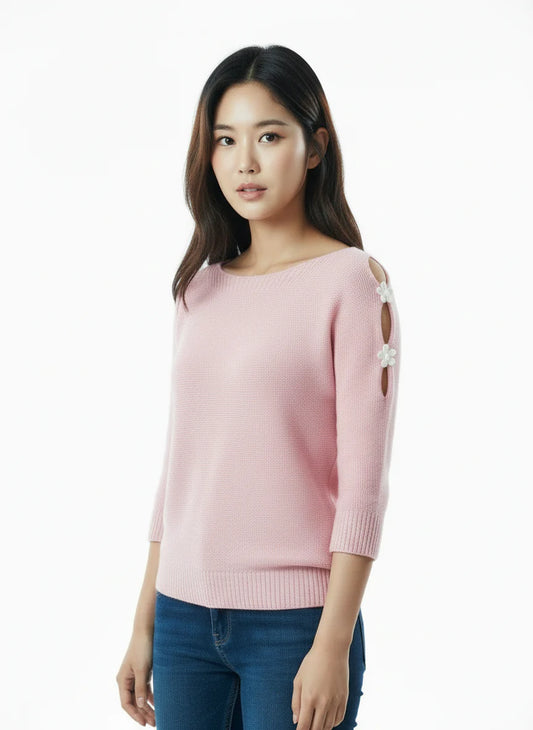 Elegant Cutout Shoulder Knit Sweater - Pink