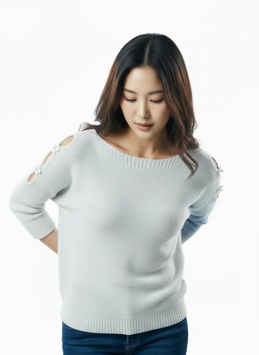 Elegant Cutout Shoulder Knit Sweater - White