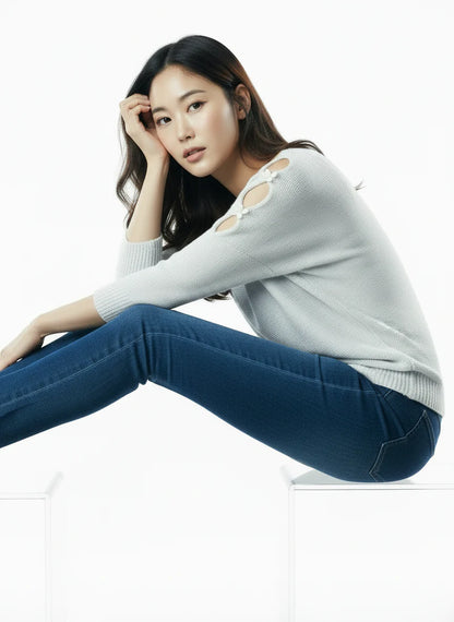 Elegant Cutout Shoulder Knit Sweater - White