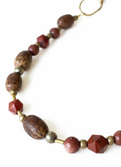 Red Jasper & Burlywood Mala Beads Adjustable Cord Necklace