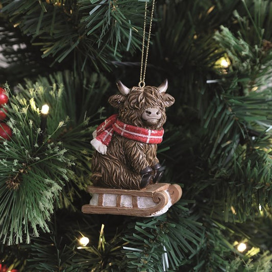 Highland Cow Sled Tree Decoration