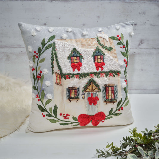 Holly Cottage Scene Embroidered Cotton Velvet Cushion