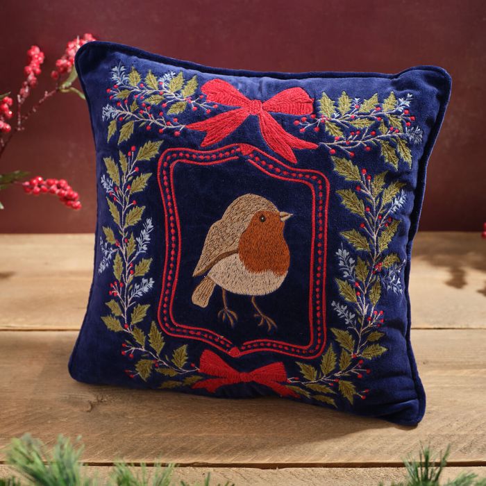 Robin Navy Embroidered Cotton Velvet Cushion