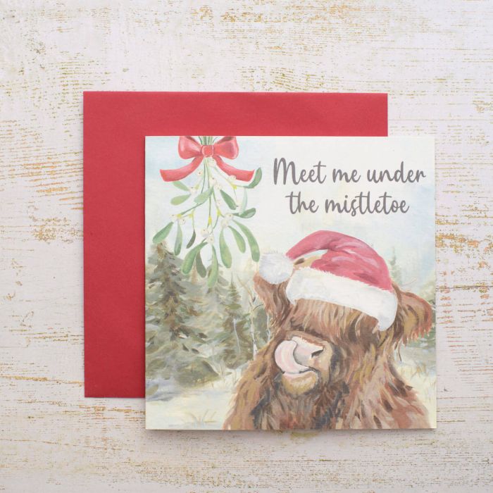 Christmas Highland Cow Card - Meet Me Under the Mistletoe