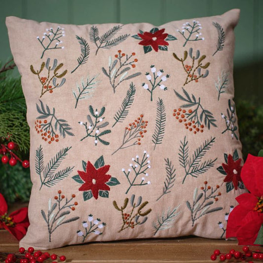 Poinsettia & Foliage 100% Cotton Embroidered Cushion