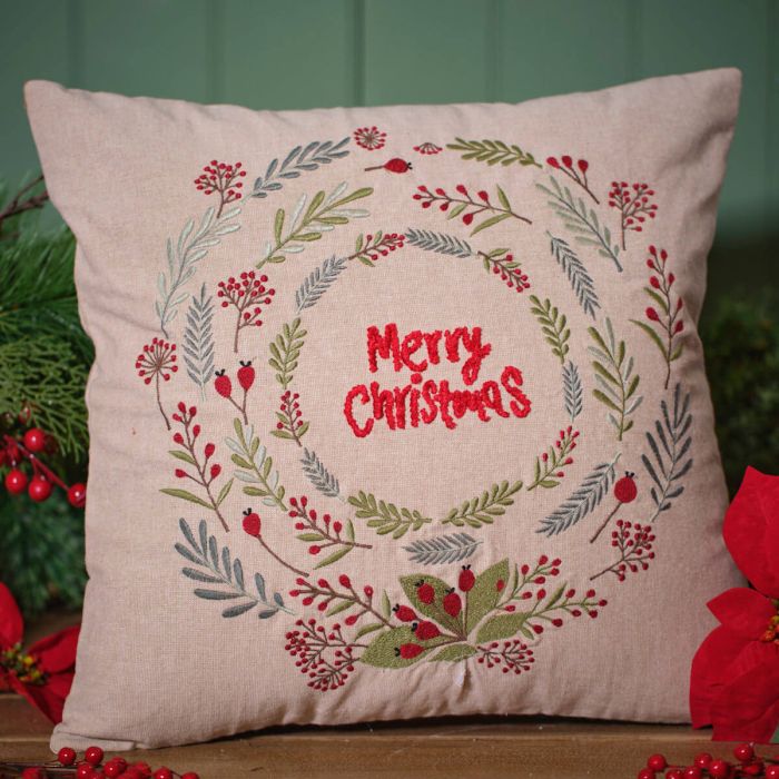 Merry Christmas 100% Cotton Embroidered Cushion