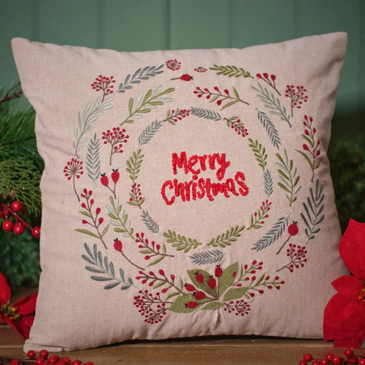 Merry Christmas 100% Cotton Embroidered Cushion