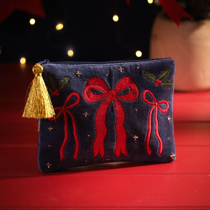 Merry Little Bows Embroidery Cotton Velvet Pouch