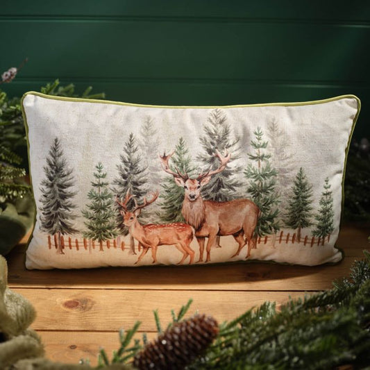 Evergreen Tree & Stag Printed Rectangular Cushion