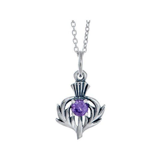 Sterling Silver Amethyst Purple Colour Stone Thistle Charm Necklace