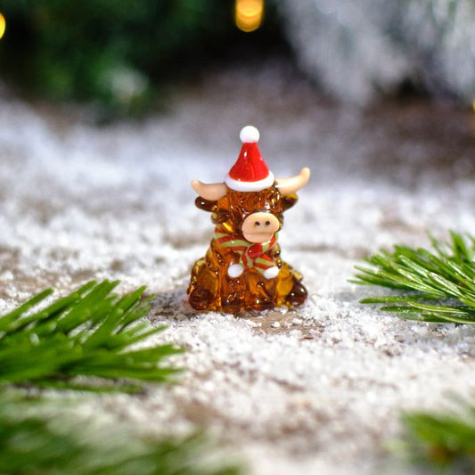 Hand Blown Glass Highland Cow with Santa Hat
