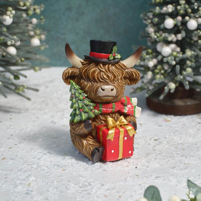Highland Cow with Top Hat, Present & Christmas Tree Ornament