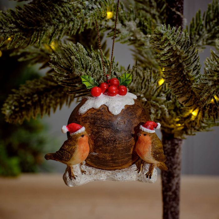 Resin Robins with Christmas Pudding hanger