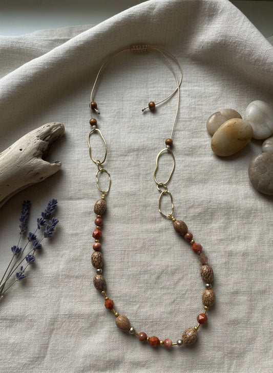 Red Jasper & Burlywood Mala Beads Adjustable Cord Necklace