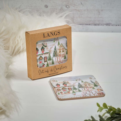 Holly Cottage Snowy House Scene Coaster - Box of 4