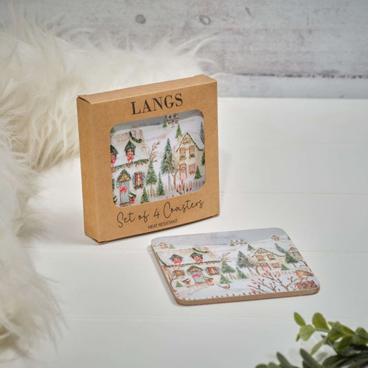 Holly Cottage Snowy House Scene Coaster - Box of 4