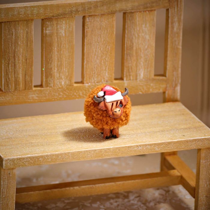 Mini Pom Pom Highland Cow with Santa Hat