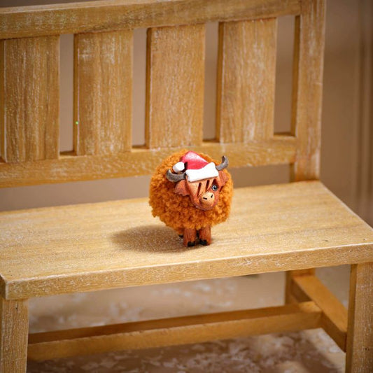 Mini Pom Pom Highland Cow with Santa Hat
