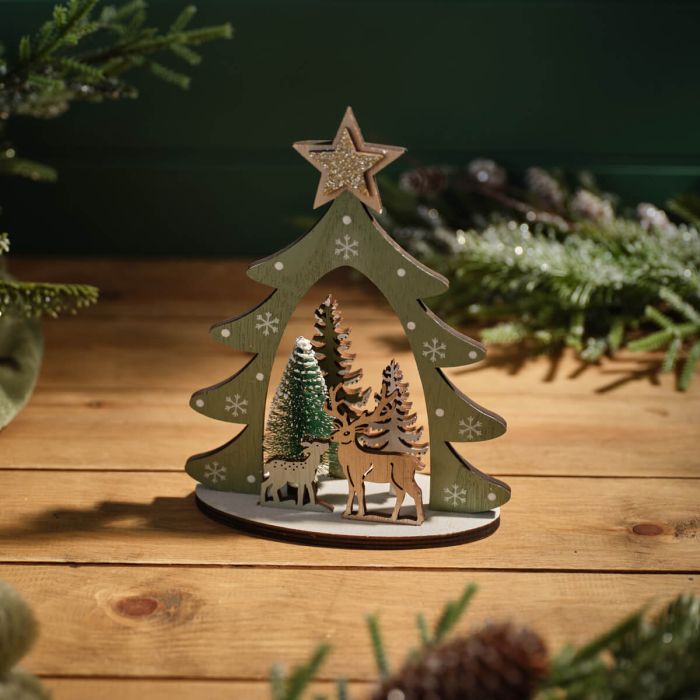 Christmas Tree Woodland Scene with Stag & Brush Tree