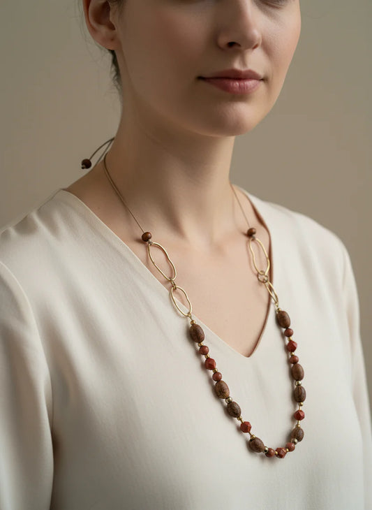 Red Jasper & Burlywood Mala Beads Adjustable Cord Necklace