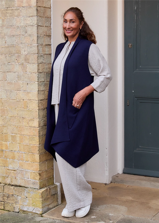 Cashmere Like Doubleknit Roll Collar Gilet - Navy