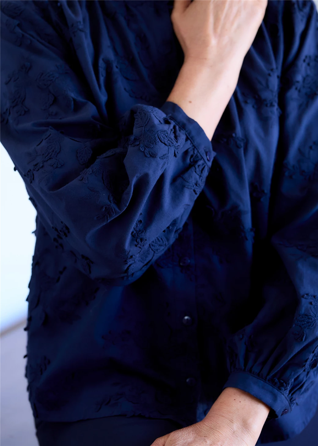 Floral Applique Button Through Blouse - Navy