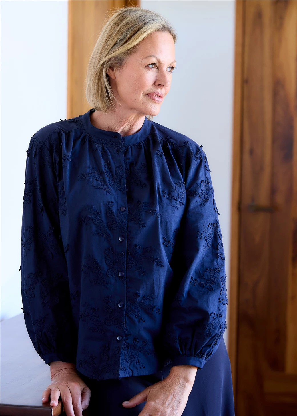 Floral Applique Button Through Blouse - Navy