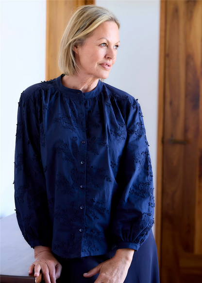 Floral Applique Button Through Blouse - Navy