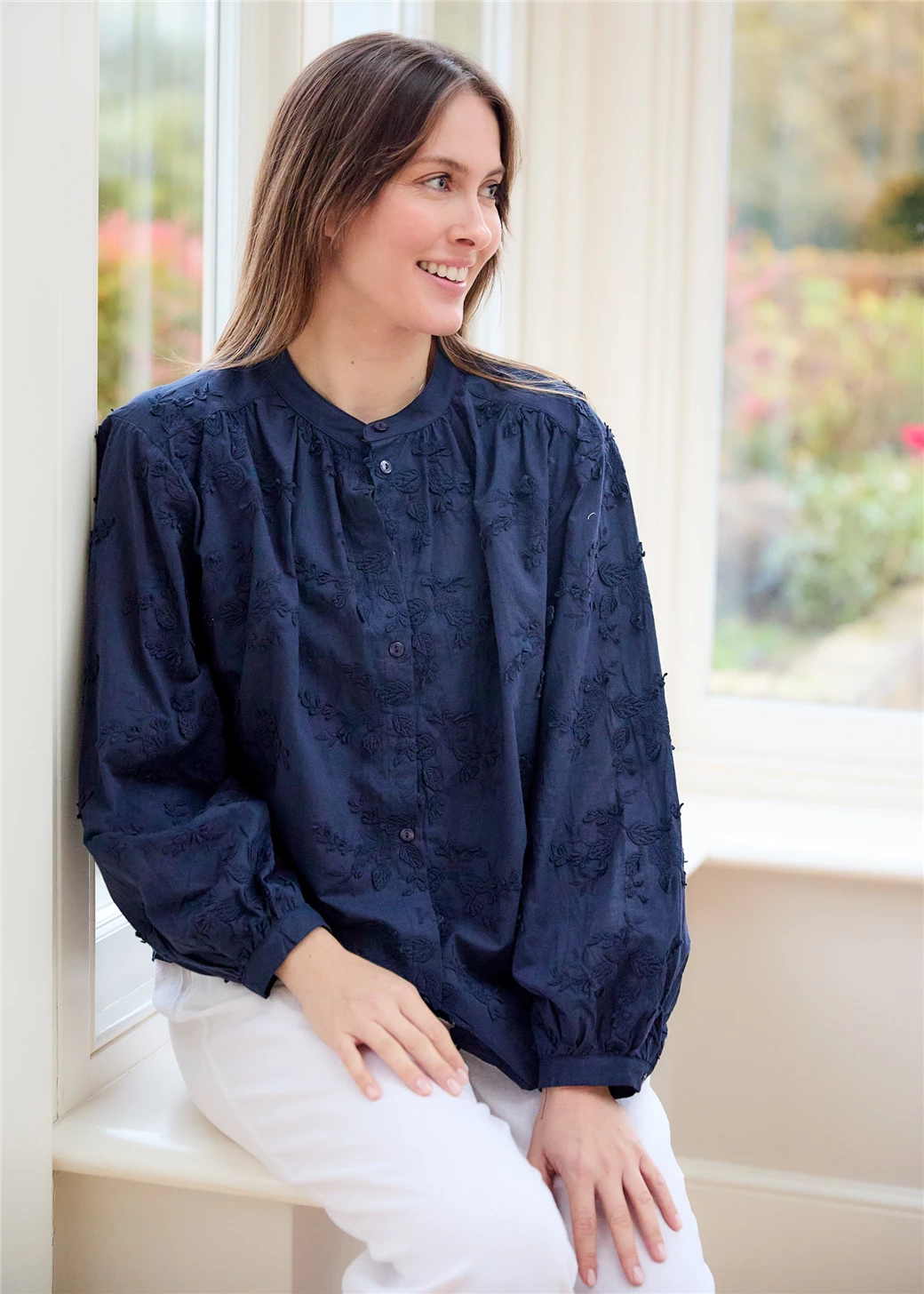 Floral Applique Button Through Blouse - Navy