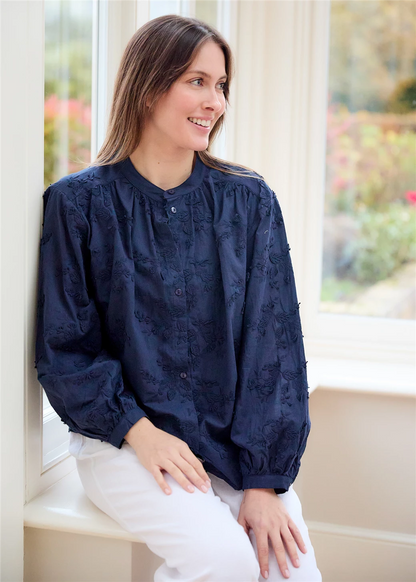 Floral Applique Button Through Blouse - Navy