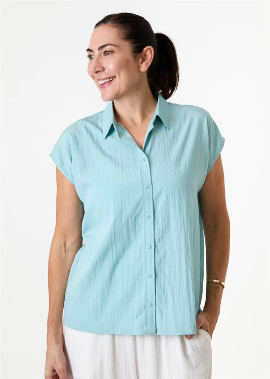 Cap Sleeve Button Through Shirt - Sea Foam
