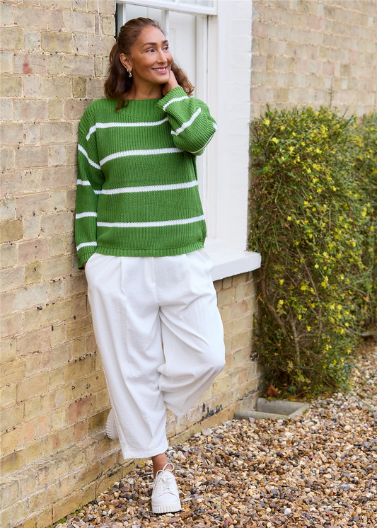 Cotton Mix Boat Neck Stripe Jumper - Basil Green