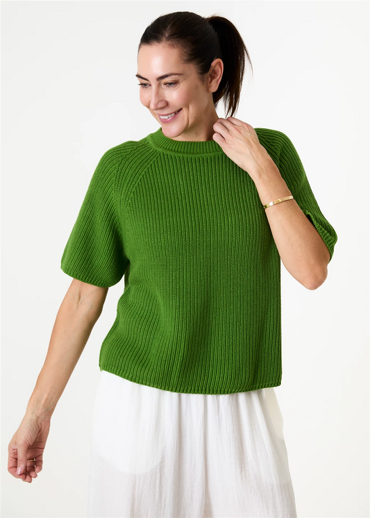 Cotton Mix Rib Short Sleeve Raglan Jumper - Basil Green