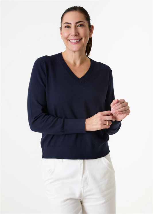 Cashmere Like Deep Cuff Fitted v Neck Jumper - Navy