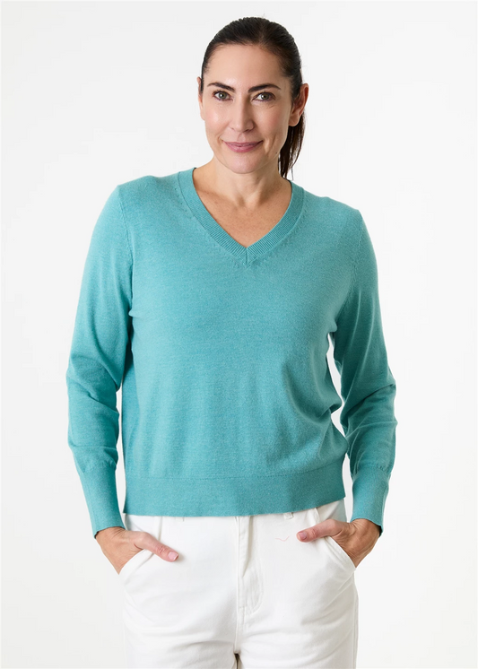 Cashmere Like Deep Cuff Fitted v Neck Jumper - Sea Foam