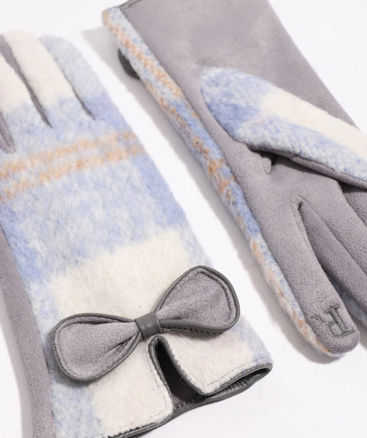 Ava - Blue Check Faux Suede Glove with Bow