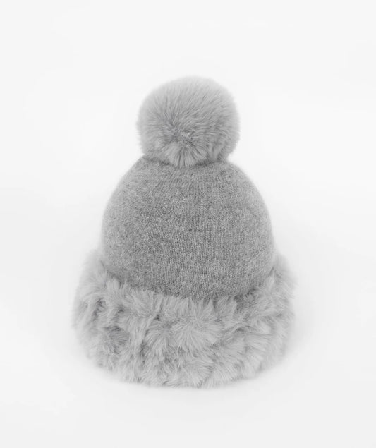 Bailey - Silver Grey Knitted Beanie Hat with matching Faux Fur Cuff and Pom Pom