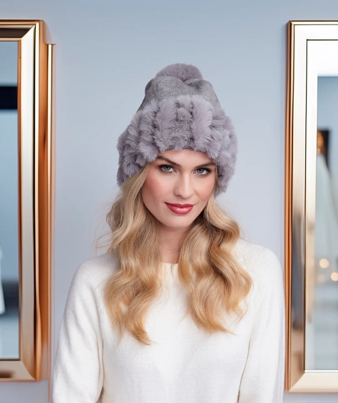 Bailey - Silver Grey Knitted Beanie Hat with matching Faux Fur Cuff and Pom Pom