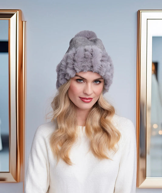 Bailey - Silver Grey Knitted Beanie Hat with matching Faux Fur Cuff and Pom Pom
